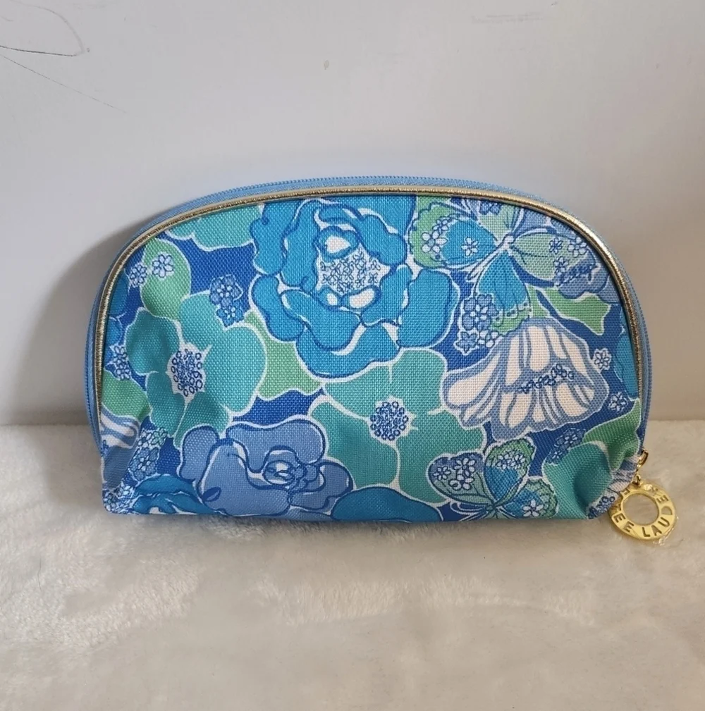 Lilly Pulitzer Estee Lauder Blue Green Floral Butterflies Cosmetic Makeup Bag